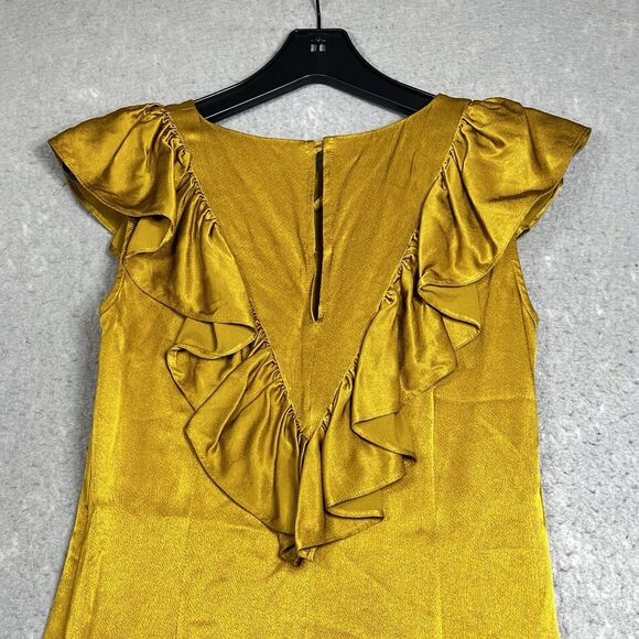 Anthropologie Seen Worn Kept Satin Ruffle Midi Dress 4 Gold Yellow Sleeveless - Picture 9 of 13